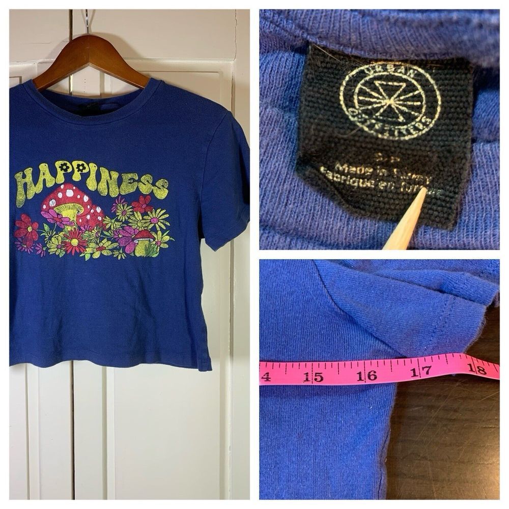 Urban Outfitters Boho Crop Mushroom Print Happiness T Shirt Women Small Hippie‎